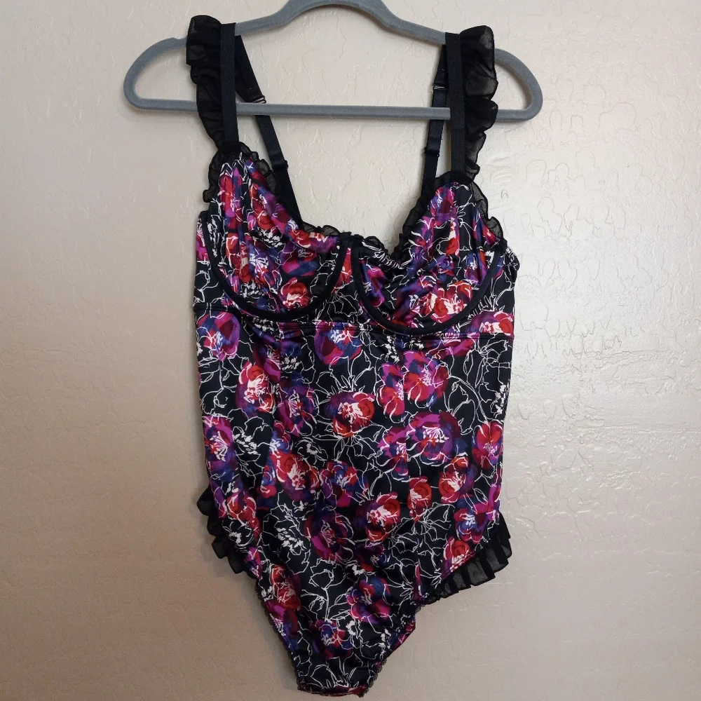 Torrid Satin Floral Ruffle Thong Bodysuit